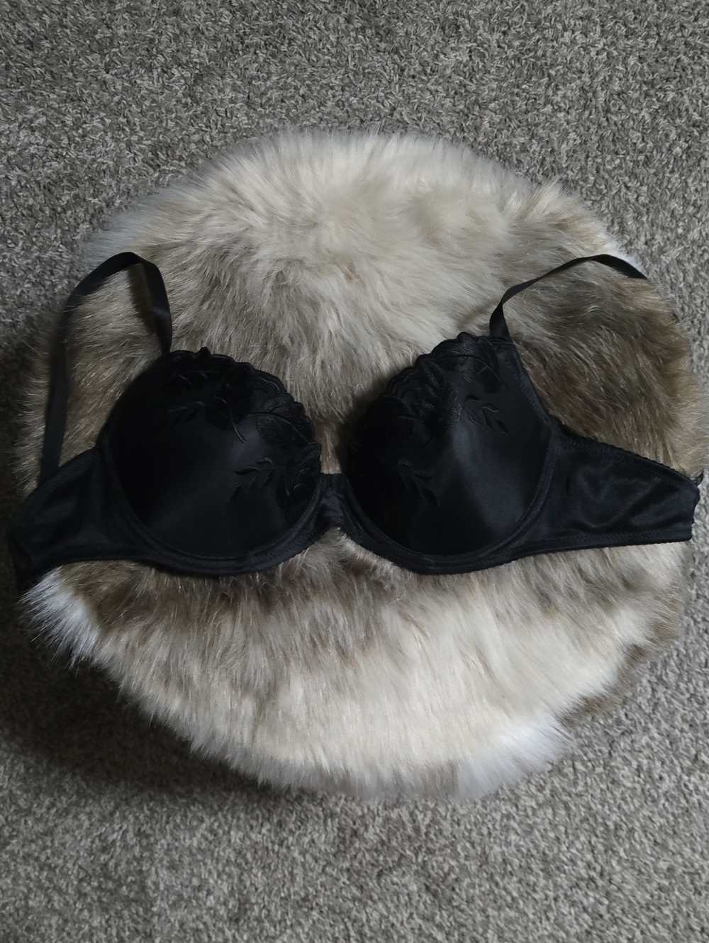 Olga Black Satin Embroidered Underwire Bra